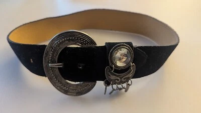 Vintage Chunky Statement Metal Buckle 28" Belt. Faux Suede. Length 34". 2" Wide. - Image 1 of 4