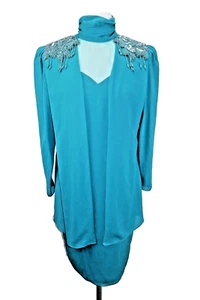 Vtg 80s PATRA Teal Sequin Chiffon Organza Cape Design Knee Length Dress Sz 10 - Picture 1 of 12