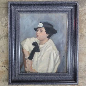 Vtg Pierre Villain Portrait Of French Woman Oil On Board 1948 Signed and Framed - Picture 1 of 8