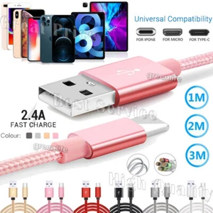 USB Charger Cable For iPhone Android Type-C Braided Cord Aluminum Connector Long - Photo 1 sur 18