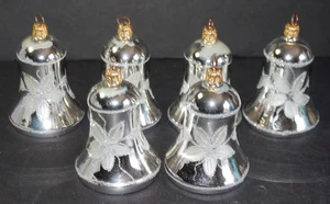 Set of 6 Silver Bells Poinsetta Mercury Glass Christmas Ornaments Glitter - Picture 1 of 5