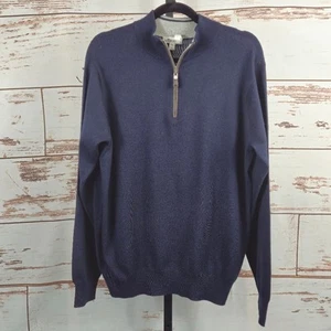 Peter Millar Nappa Trimmed Quarter Zip Sweater Navy Blue Merino Silk Size Medium - Picture 1 of 7