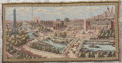 Paris 19x58 Jacquard Woven Decorative Vtg Tapestry  French Landmarks Home Decor - Image 1 of 4