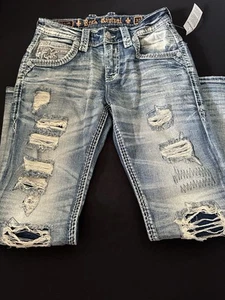 Rock Revival Rhett Boot Blue Jeans Leather Inserts Men Size 30 New Rare - Picture 1 of 3