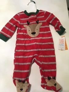 Footed Reindeer Christmas Pajama One Piece Carter's Reindeer Striped 3M Fleece - Picture 1 of 6