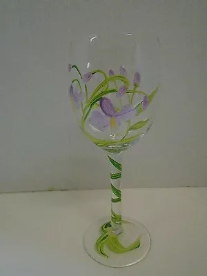  Floral Flowers Purple Green White Wine Glass Hand Painted Vine - Image 1 of 2