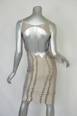 Vestido ajustado THOMAS WYLDE Metálico Taupe Largo BODYCON VOLANTES SEDA ESPALDA ABIERTA S Foto 1 de 2