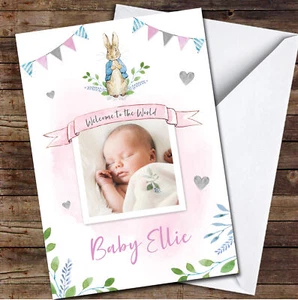 New Baby Girl Born Birth Peter Rabbit Pink Photo Name Personalised Card - Picture 1 of 1