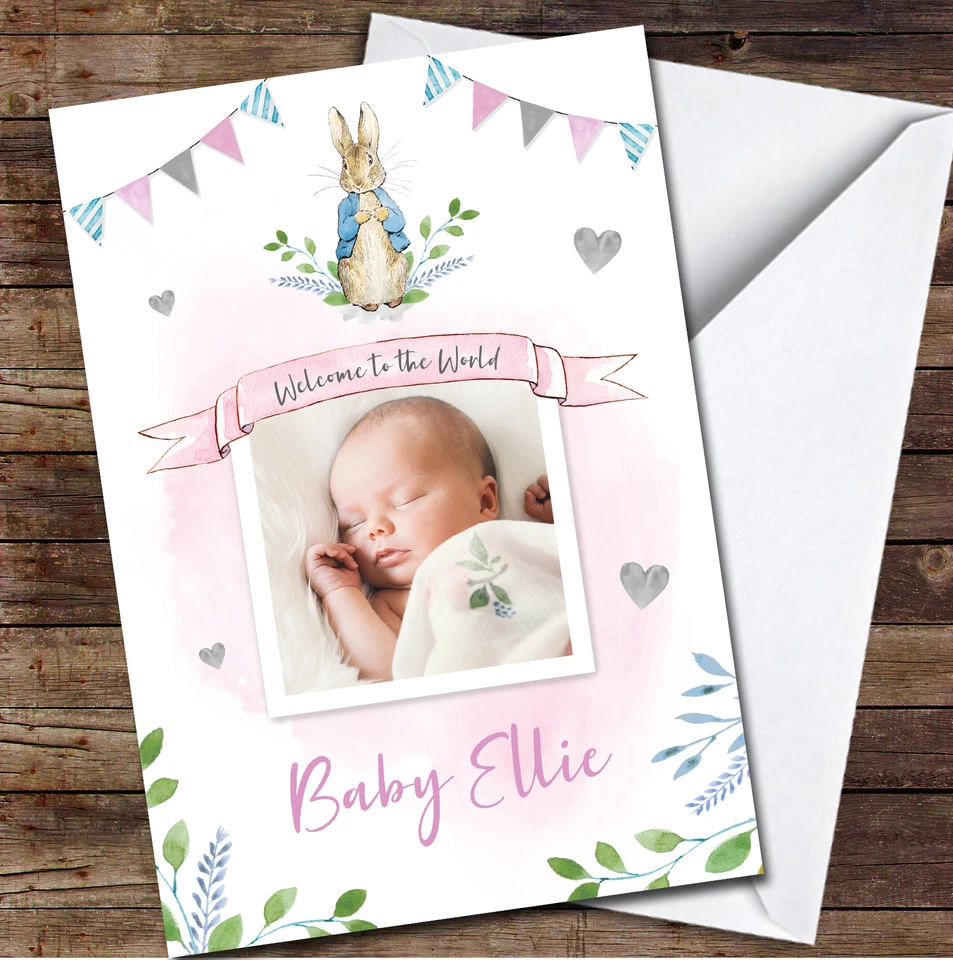 New Baby Girl Born Birth Peter Rabbit Pink Photo Name Personalised Card - Image 1 of 1
