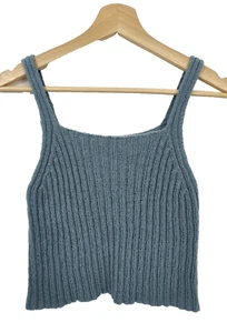 Blue Tank Top Vest Wool Hand Knit Ribbed Women's Small Strap Handmade - Picture 1 of 5