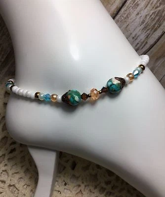 Healing Handmade Mosaic Turquoise Gemstone Anklet W/Swarovski Elements USA - Image 1 of 2