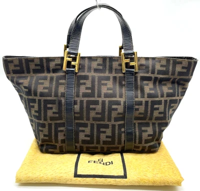 正品 FENDI Zucca 图案 FF 硬件皮革帆布卡其色手提包 带 D NS120002 — 第 1/4 张图片
