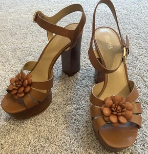 Michael Kors High Block Heels Brown Women’s Size 9.5M Floral Toe - Picture 1 of 12