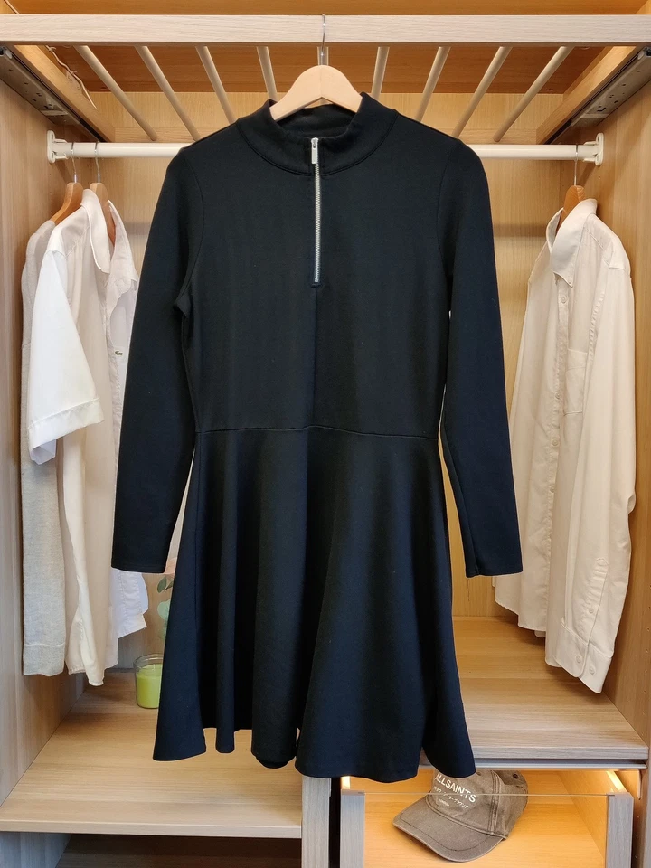 KAREN MILLEN DRESS UK 14 PLAIN BLACK SKATER VISCOSE LONG SLEEVE ZIP MOCK NECK - Image 1 of 4
