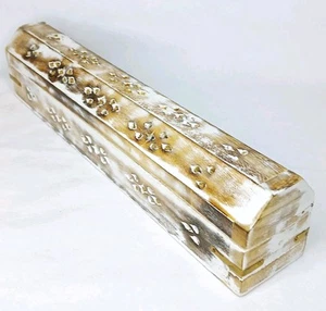 White Wash Carved Wood Coffin Incense Burner Storage Box For Sticks Or Cones 12" - Picture 1 of 7