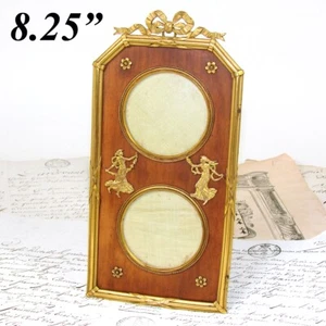 Antique French Empire Style 8.25" Double Picture Frame, Nymph Figures, Wood Mat - Picture 1 of 10