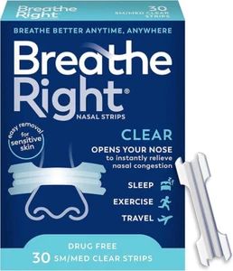 Breathe Right Clear Nasal Strips Sm/Med, 30 Ct, Drug-Free, Sensitive Skin - Picture 1 of 5