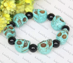 natural springy 8" 17X18mm skeleton Skull turquoise black agate Bracelet c481 - Picture 1 of 3