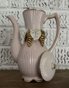 Mid Century Rosa und Gold getrimmt Gerippt Glas Faux Teekanne Vase Dekor - Bild 1 von 9