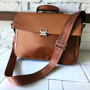 Piquadro Orange Leather Nylon Cross Body Messenger Bag Briefcase Italy Quality - Picture 1 of 19
