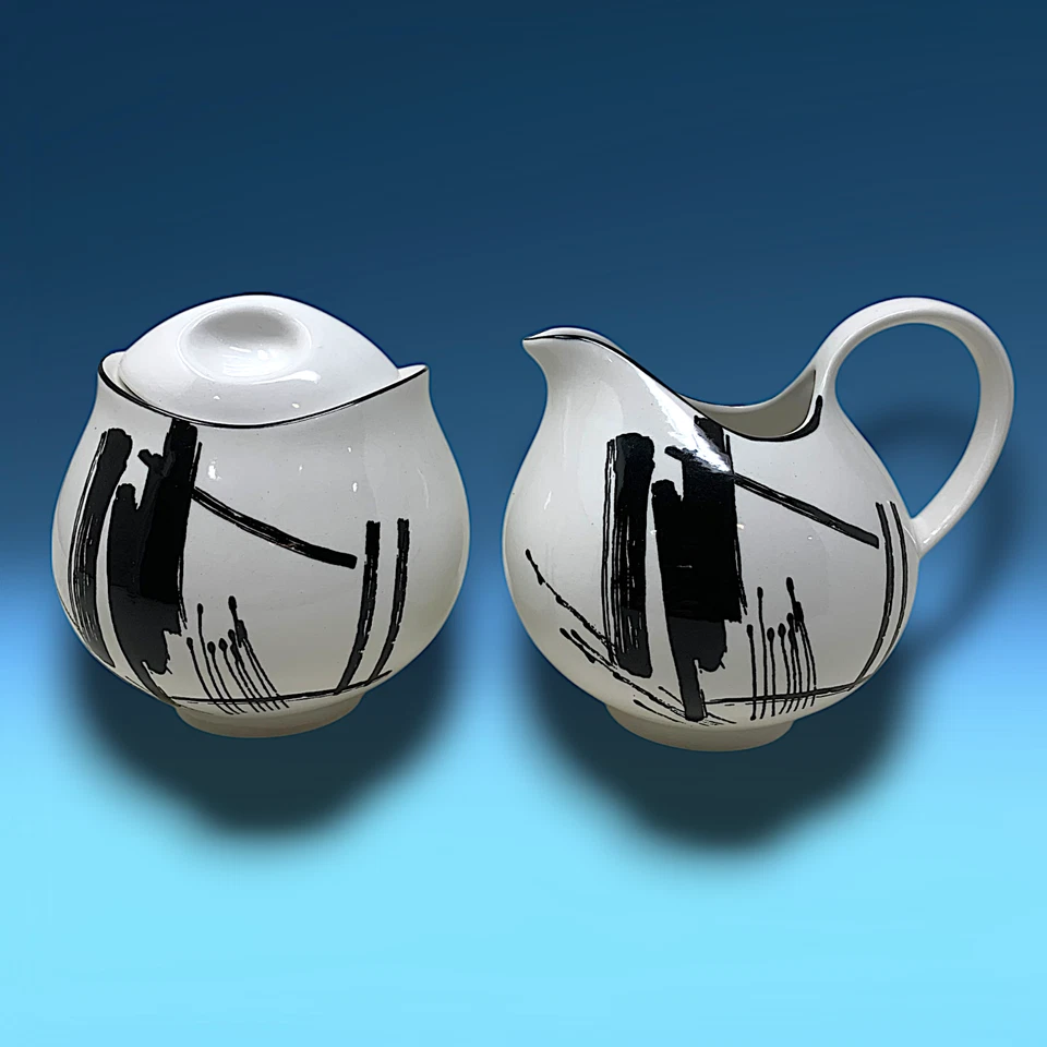 Tigela de açúcar vintage 1986 Sango x Larry Laslo "caligrafia" 2 peças creme e tampa - Imagem 1 de 4