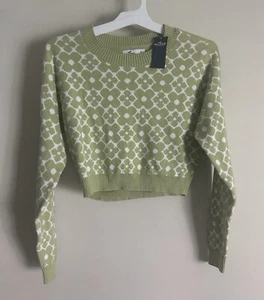Hollister Women’s Sweater Pullover Retro Green Floral Cotton Crop Casual XS - Picture 1 of 7