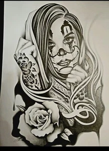 Hand Drawn Prison Picture Of a Beautiful Tatood Lady 9x12 Canvas Paper - Picture 1 of 2