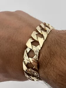 9ct Solid Gold Men's Bracelet 8.5 INCH - 14mm Flat Curb FULL UK HALLMARK & BOXED - Picture 1 of 14
