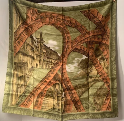 复古女式围巾教堂村设计 30 英寸 x 31 英寸绿色棕色锈色 — 第 1/4 张图片