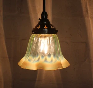 Ceiling Light Antique Vaseline Uranium Green Glass Pendant Opaline Rim Ridged - Picture 1 of 20