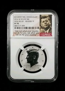Mezzo dollaro Kennedy 2014-W argento prova di rovescio NGC PF70 altorilievo 50° anniversario - Foto 1 di 3