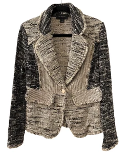 Vintage ST JOHN Size 6 Black Brown Cream Boucle Tweed Jacket Blazer - Picture 1 of 14