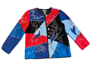 Chaqueta Vintage Años 90 Patchwork Colorblock Indigo Moon Mujer’s M, Botones Madera - Imagen 1 de 24