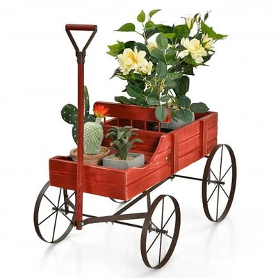 Wooden Wagon Plant Bed With Wheel for Garden Yard-Red - Color: Red - Image 1 of 4