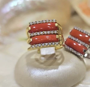 Anello Regolabile Da Donna In Argento 925 Con Fasce In Corallo E Zirconi - Foto 1 di 6