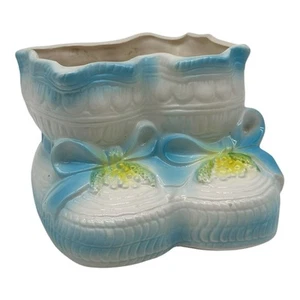 Vintage Shower Nursery Planter Decor Ceramic Blue Baby Booties Boy Made in Japan - Picture 1 of 11