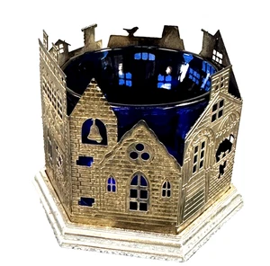 Weihnachten Kobaltblau Glas Windlichthalter gelocht Metall Kirche silberfarben - Bild 1 von 11
