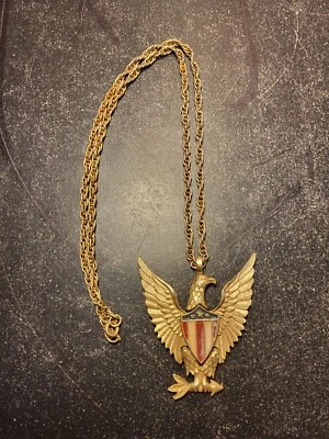 Vintage Articulated Eagle Pendant Necklace Red White Blue Enamel Gold Tone+bonus - Image 1 of 4