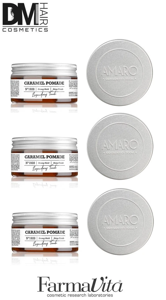 3 PEZZI AMARO CARAMEL POMADE 100ml CERA CARAMELLO LUCIDA STRONG HOLD FARMAVITA