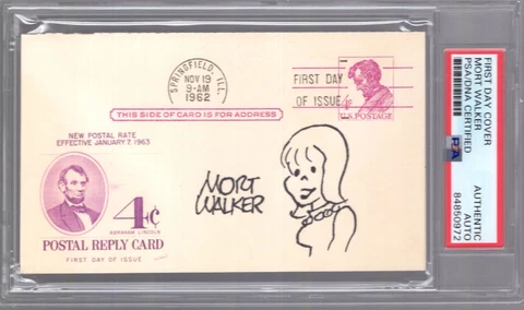 MORT WALKER SIGNED 1962 POSTAL CARD WITH MISS BUXLEY DRAWING     JSA+PSA SLABBED Cover