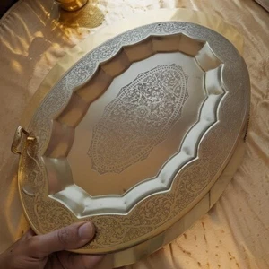 Decorative Brass Serving Display Platter Tray Oval Shape Table Top Tea/Coffee - Picture 1 of 9