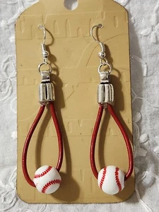 Baseball Red Earrings Leather Fish Hook Dangle Fashion Jewelry - Picture 1 of 3