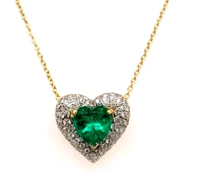 3CT Colombia Emerald Heart Cut Diamond Necklace 18K Yellow Gold GIA Certified - Picture 1 of 8