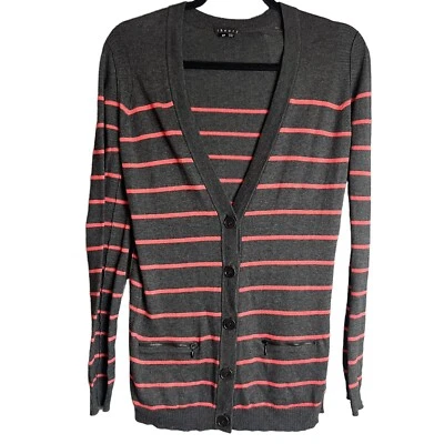 Theory Cardigan Sweater Cashmere Cotton Blend Grey Pink Sz S/P Striped V-Neck - Image 1 of 4