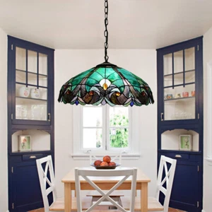 Victorain Antique Style Pendant Light Green Flower Stained Glass for Dining Room - Picture 1 of 10