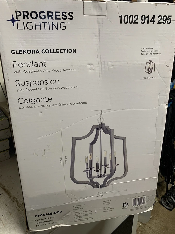 Colgante Glenora Collection 6 luces de níquel cepillado con acento de madera gris desgastado Foto 1 de 2