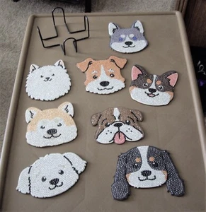 SET OF 8 FINISHED DIAMOND ART DOG COASTERS WITH METAL HOLDER - Picture 1 of 2