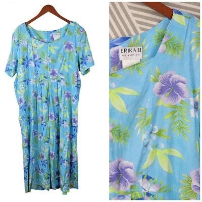 Винтажное платье плюс 2 X 18/20 миди цветочный длинный синий тропический гавайский гибискус  - Изображение 1 из 4
