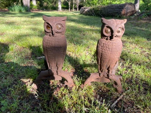 Antique Cast Iron OWL Fireplace Andirons with Glass Light Up AMBER EYES Cover