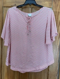 Stylus Women's Coral & White Printed Flutter-Sleeve Top Blouse Sz-XL Work - Picture 1 of 9